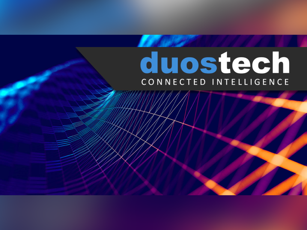 The Duos Technology logo on an abstract blue and orange background