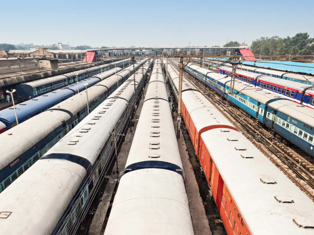 Dozens of train cars at a station in New Delhi