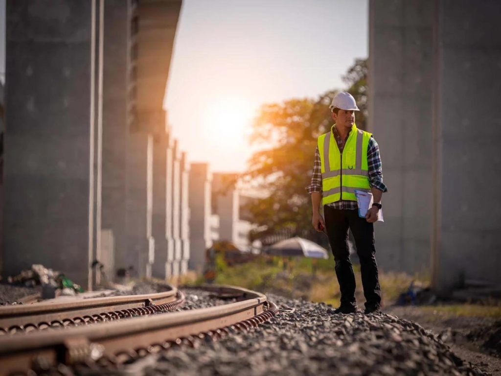 An image of a man in a high vis jacket and helmet beside a railway track during sunset