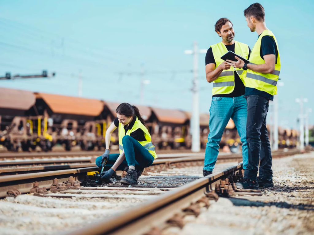 An image showing three railway workers in high vis, two are discussing something on a tablet and one is working on a sensor on the railway track