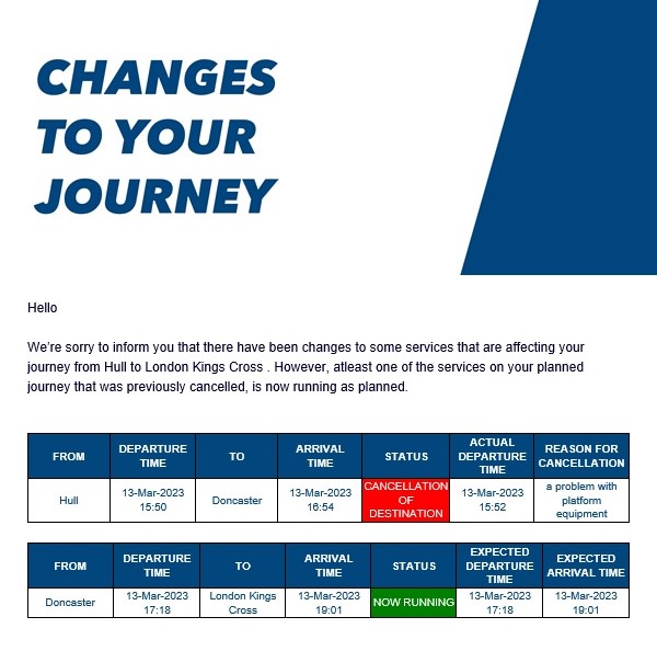 A table showing changes to a passenger's journey