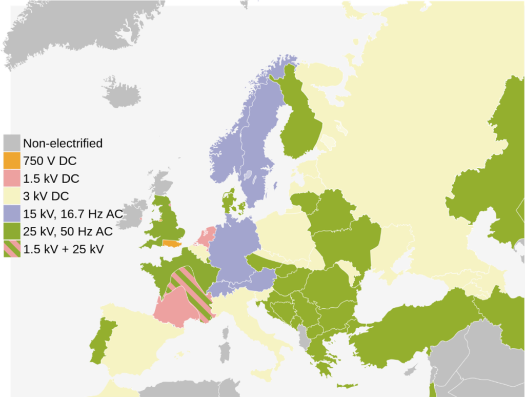 A map showing the different electrification voltages across Europe