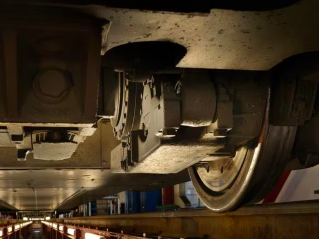 A train wheel on the tracks