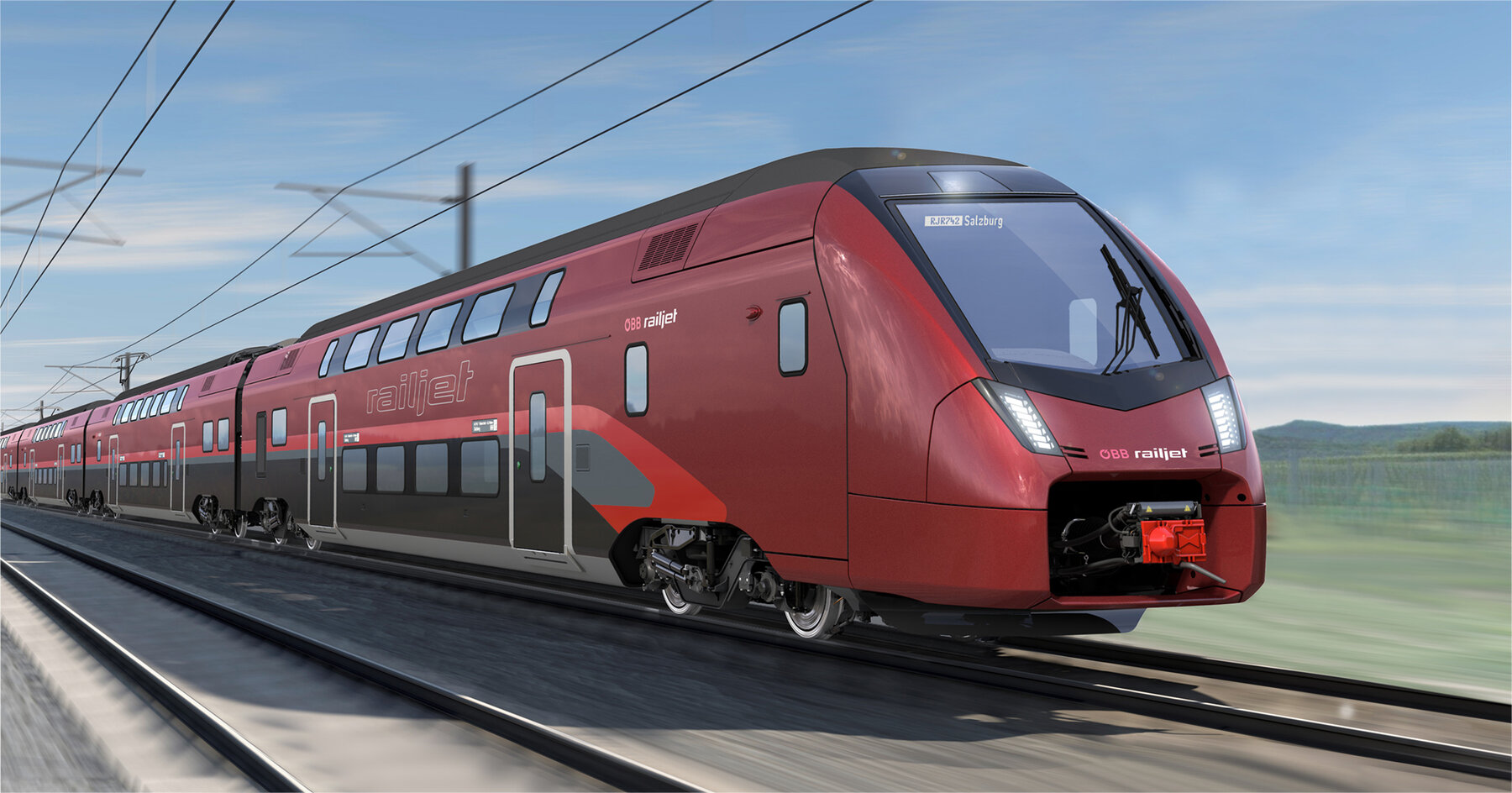 A rendering of a Stadler double-decker KISS train for Austrian Federal Railways