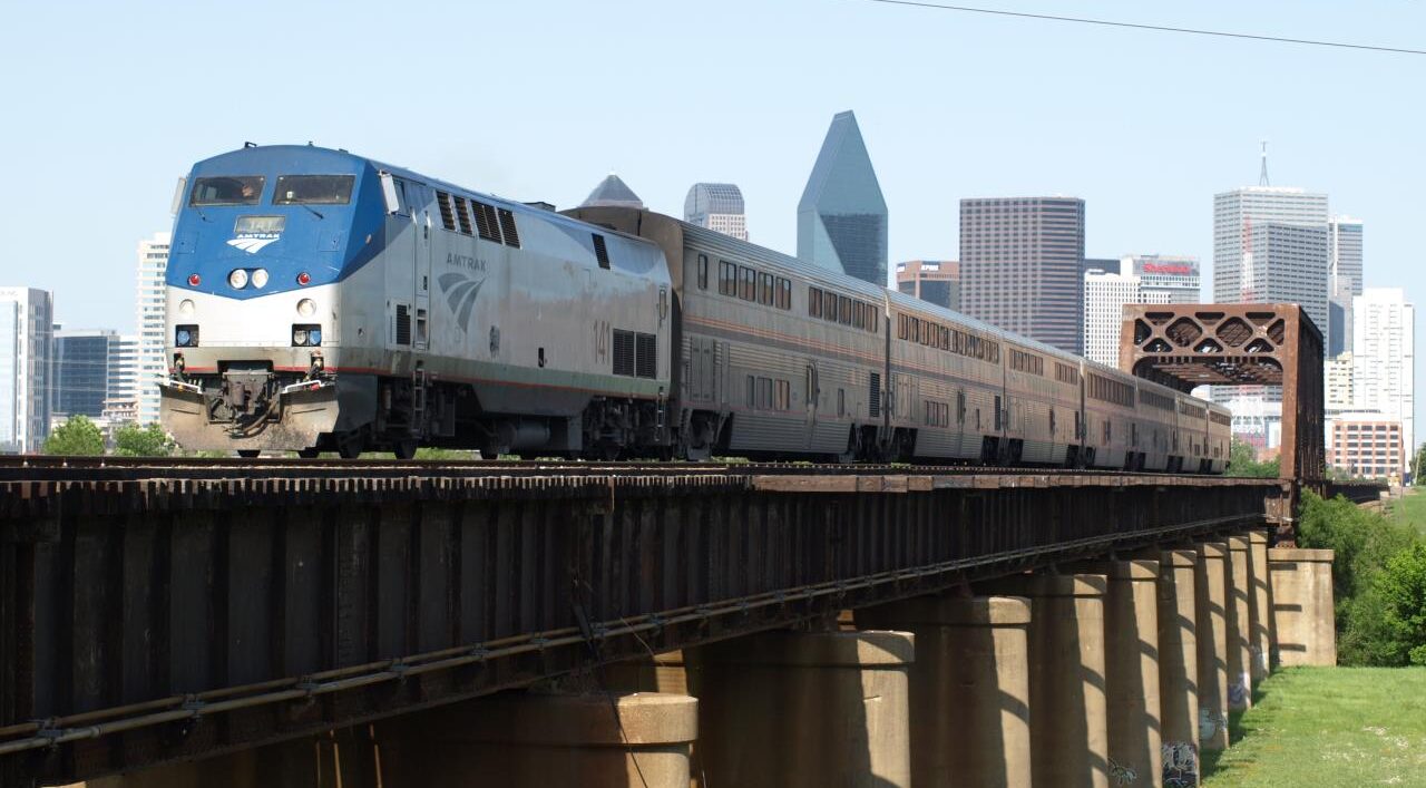 An Amtrak train leaving Dallas
