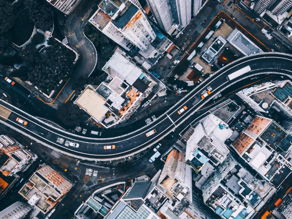 An image of a road in a city from above