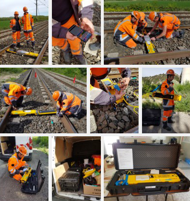 A collage of various images of men installing a track monitoring system in high vis outfits