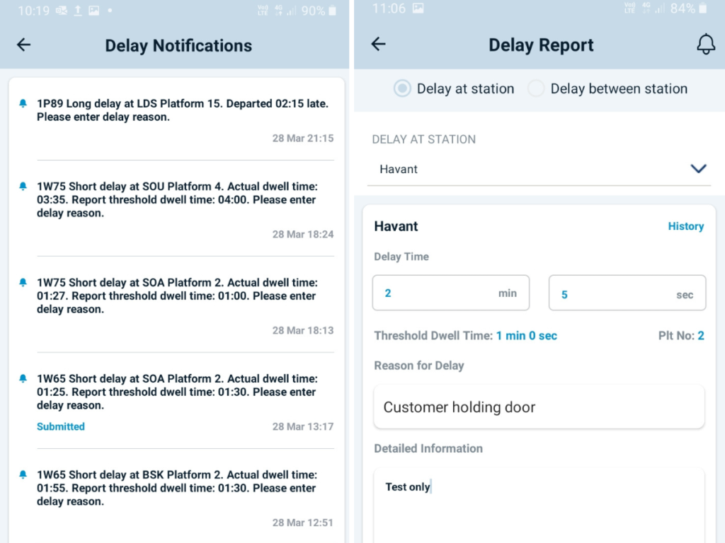 A phone showing train delay reports and notifications