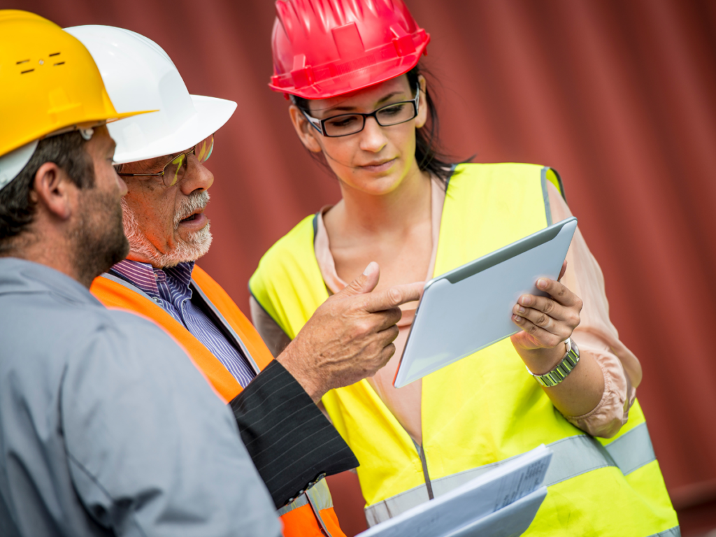 An image showing three people discussing something on a clip board. They are wearing high-vis clothing and hardhats