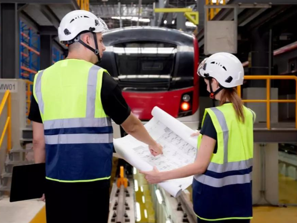 Two workers in safety equipment looking at plans for a train