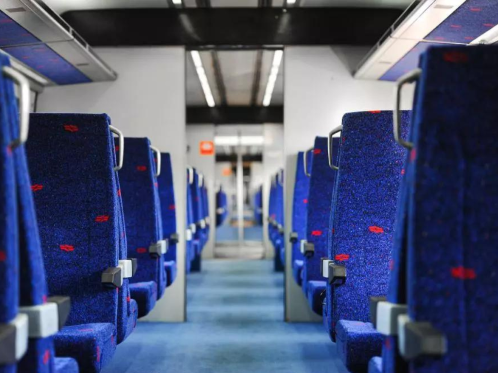 Looking down a train aisle