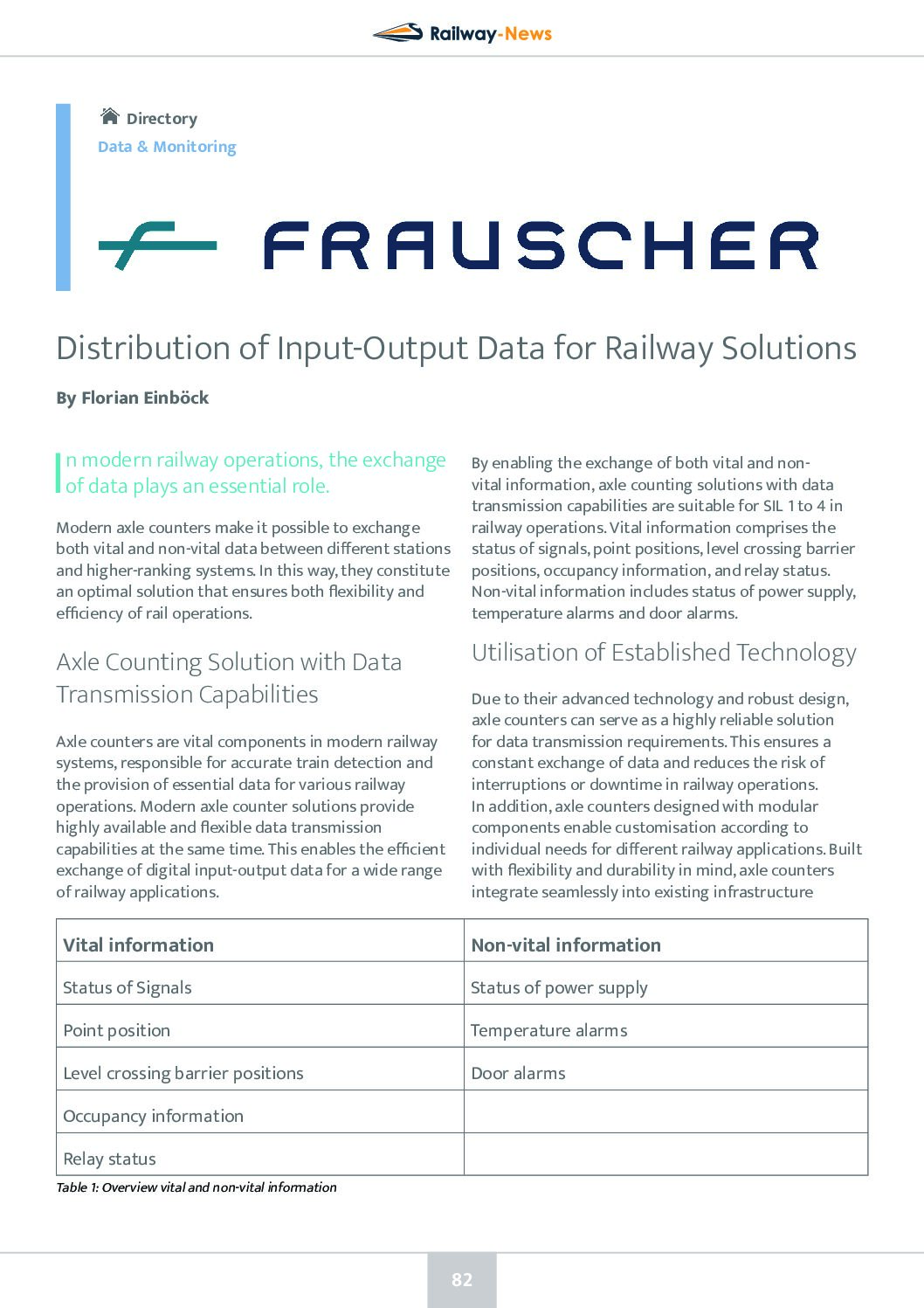 Distribution of Input-Output Data for Railway Solutions