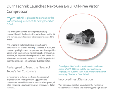 Dürr Technik Launches Next-Gen E-Bull Oil-Free Piston Compressor