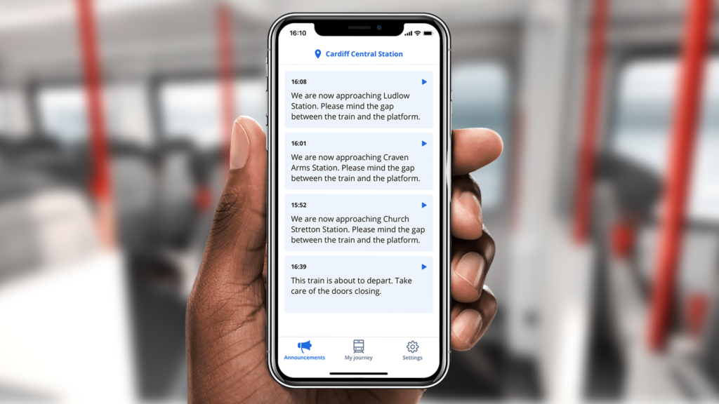 A phone displays passenger announcements for a train journey including upcoming stops and departure warnings