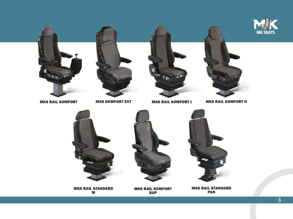 7 train driver seats with product labels