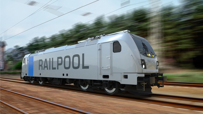 A small white train with the words "RAILPOOL" on the side