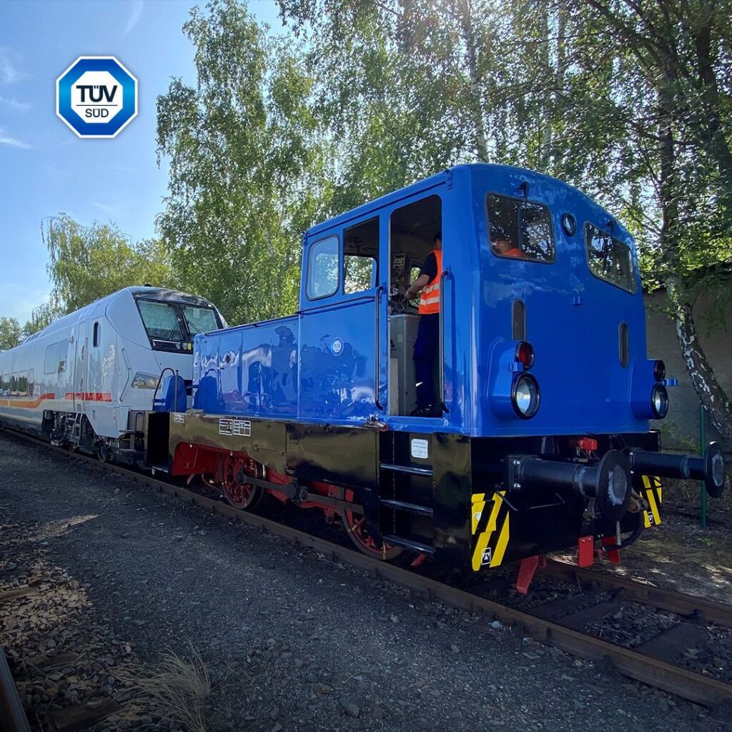 A blue testing train