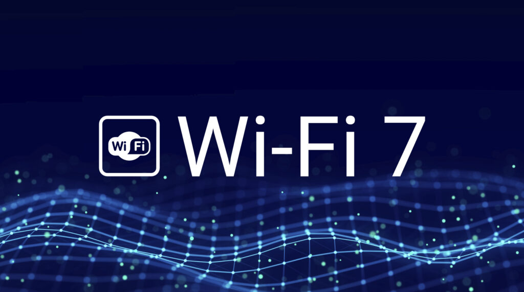 A black and blue background with the word "Wi-Fi 7" on it