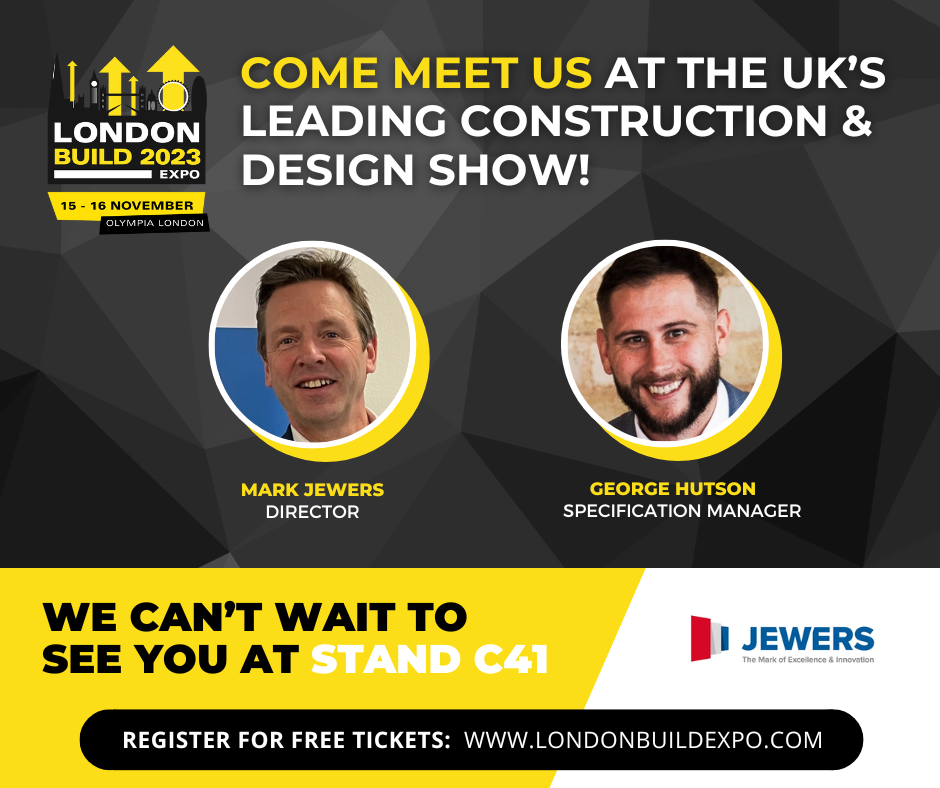 A banner advertising Jewers Doors' attendance at London Build Expo 2023
