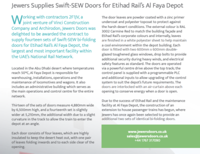 Jewers Supplies Swift-SEW Doors for Etihad Rail’s Al Faya Depot