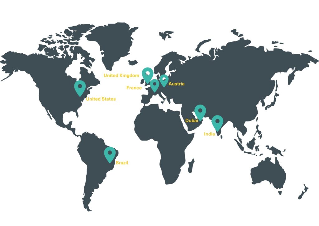 World map with turquoise markers