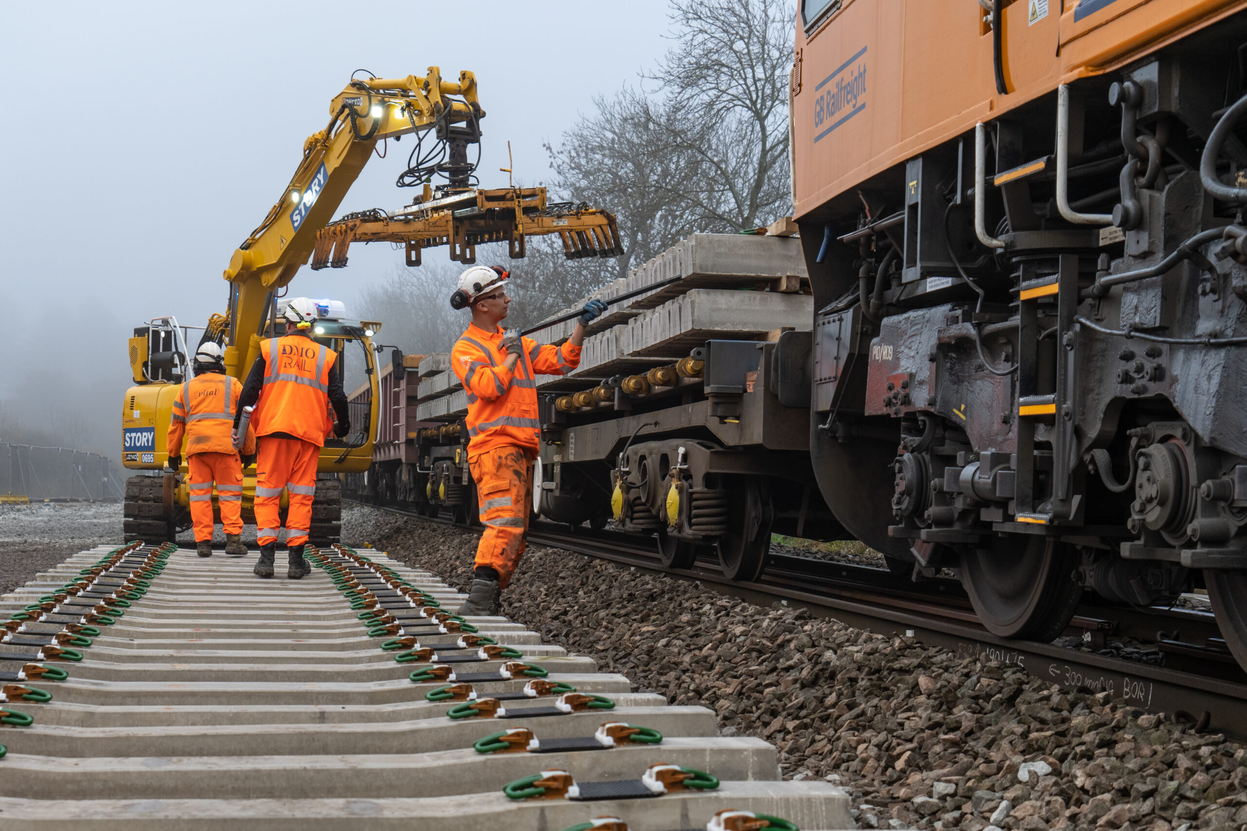 Network Rail's team carry out construction work on the Bamford loop
