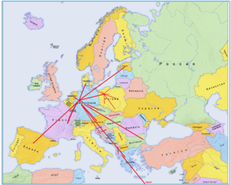 A map of Europe with many red lines expanding from Germany to other European countries