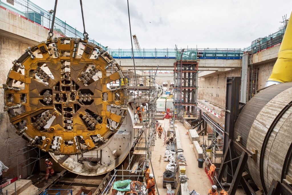 An image of a giant tunnel boring machine being assembled