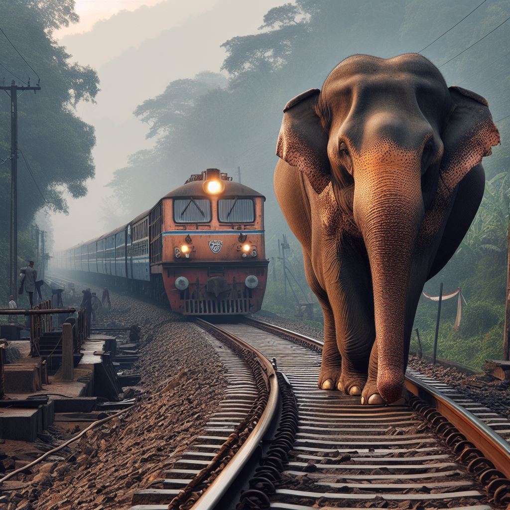 A train approaches behind an elephant that is walking on a train track