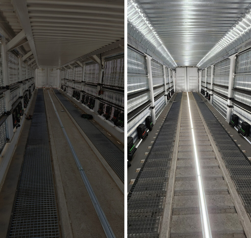On the left is a dark railcar interior. On the right, the railcar interior is well lit from above and below with bright white LED's
