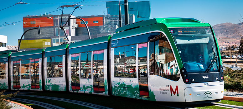 A tram operating along a line in a city
