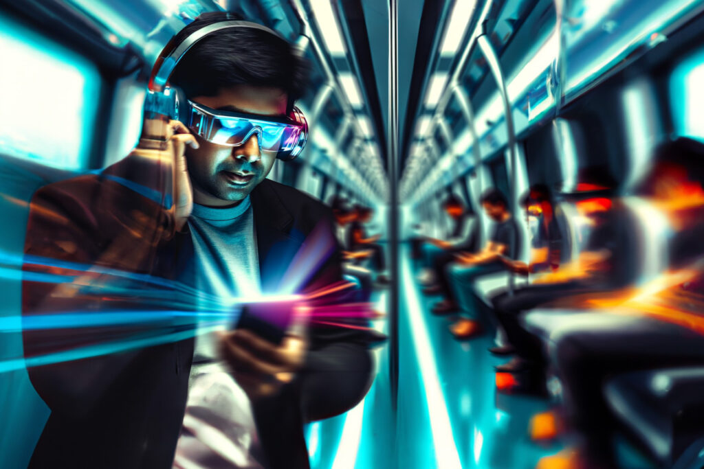 A very stylised, futuristic, neon image of a man stood in the centre of a train car. He's holding a phone, listening to headphones and wearing glasses.
