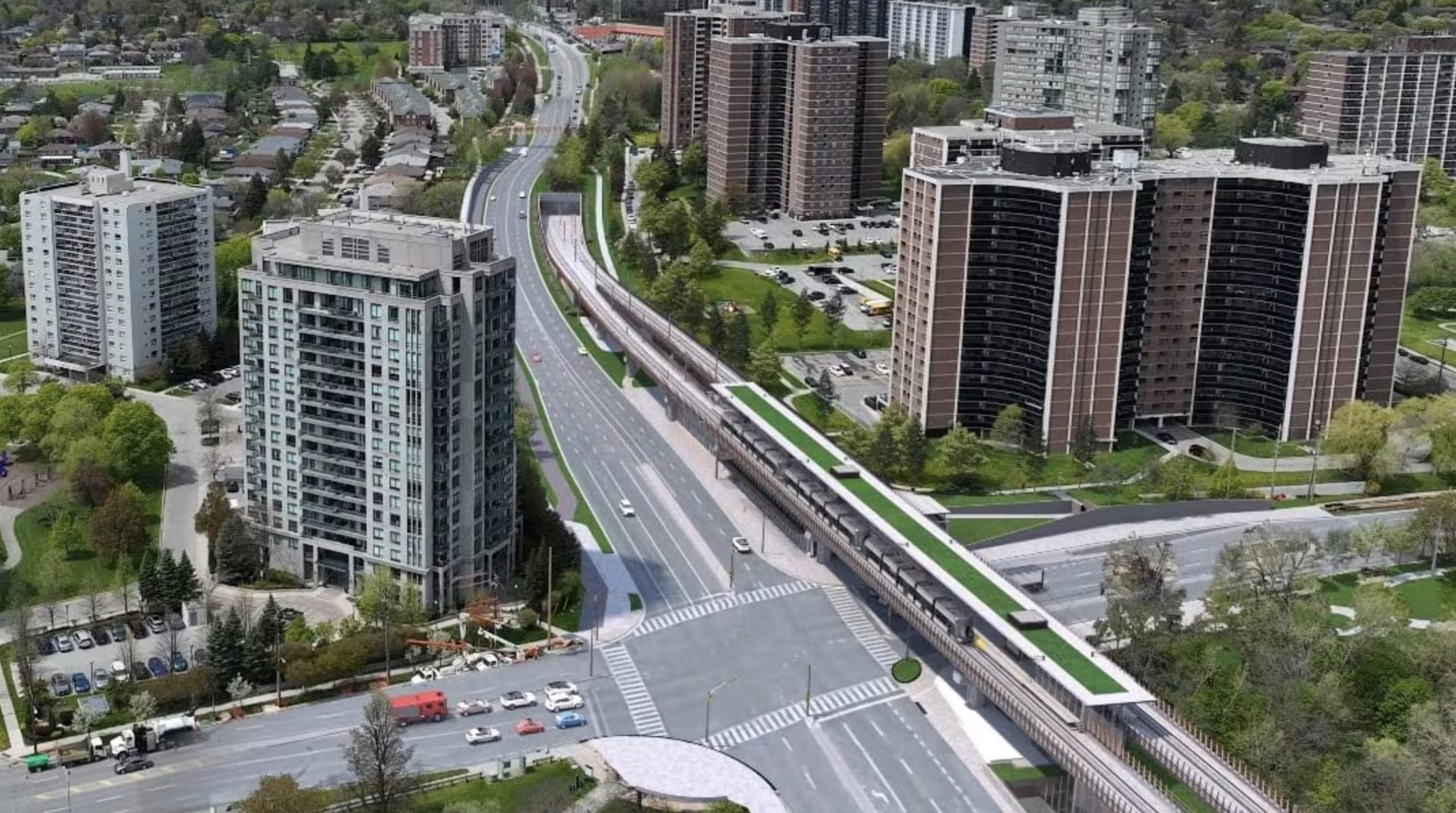A rendering showing an aerial view of the elevated section of the Eglinton Crosstown West Extension