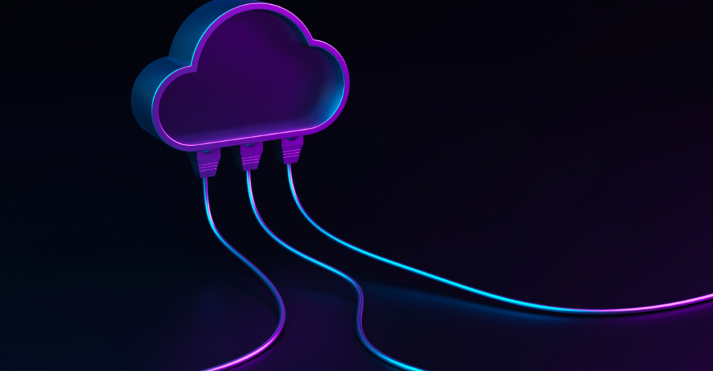 A neon purple cloud against a black background. There are three purple cables plugged into the bottom
