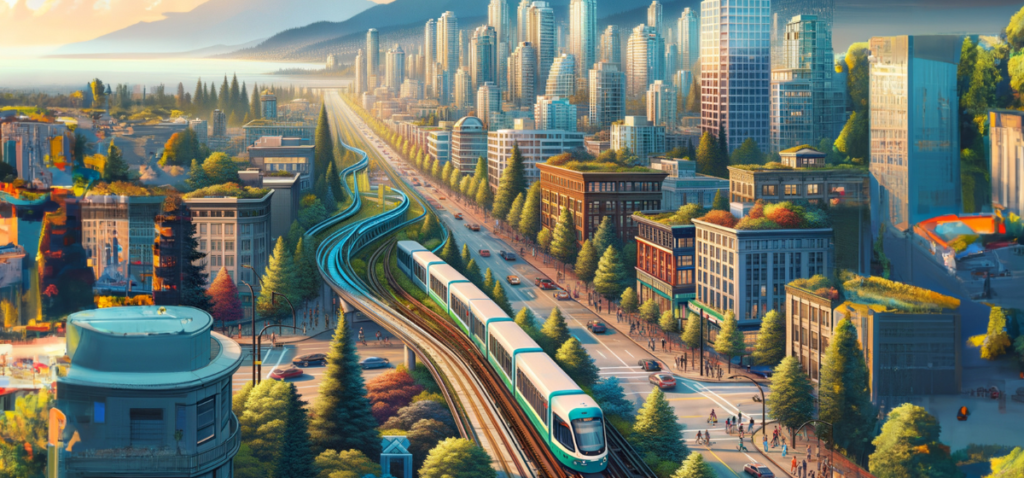 An AI generated image of a city with a train running alongside a busy road. There are a mix of skyscrapers and hoising blocks covered in vegetation