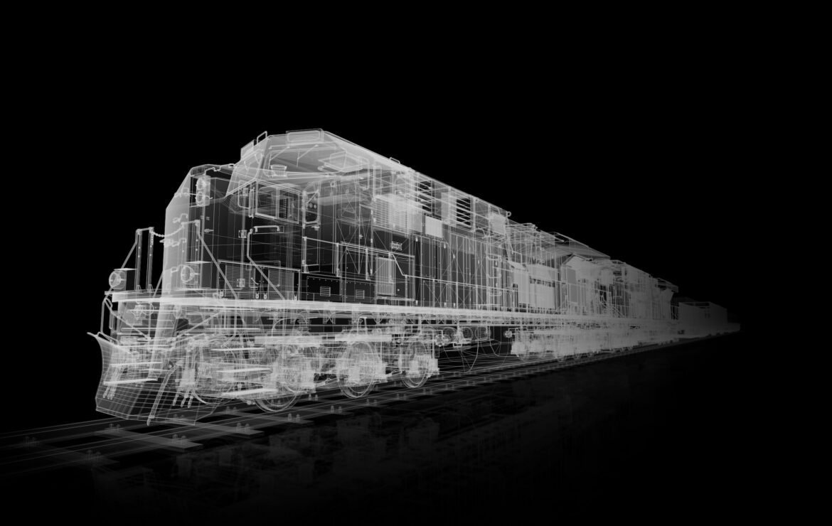 Black and white graphic of a freight locomotive