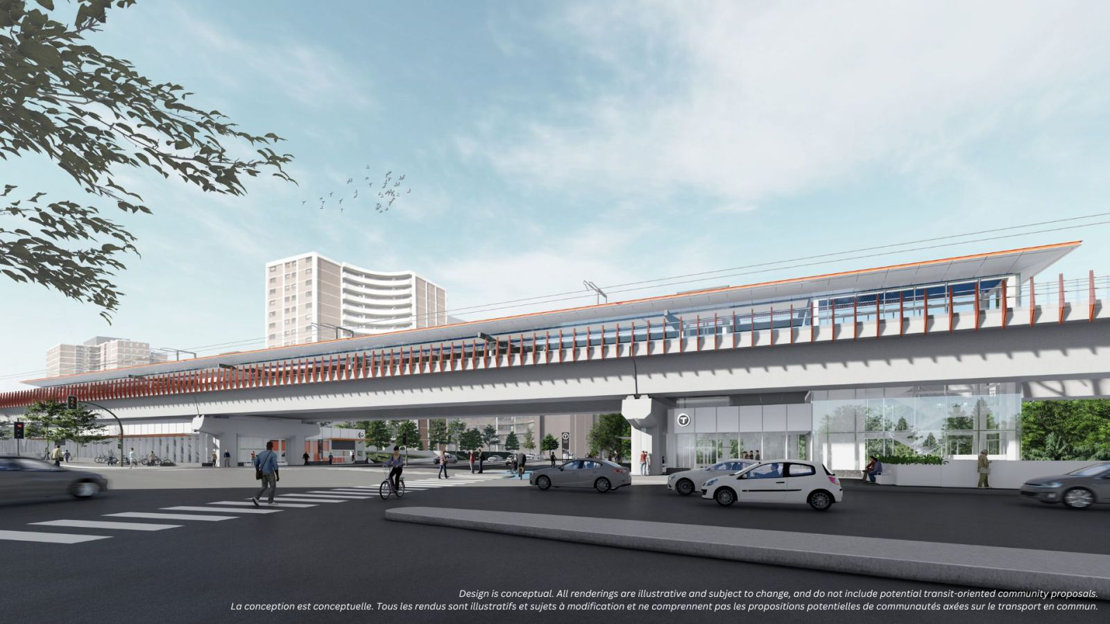 Street-level view of entrances and elevated platform at the future Scarlett Station