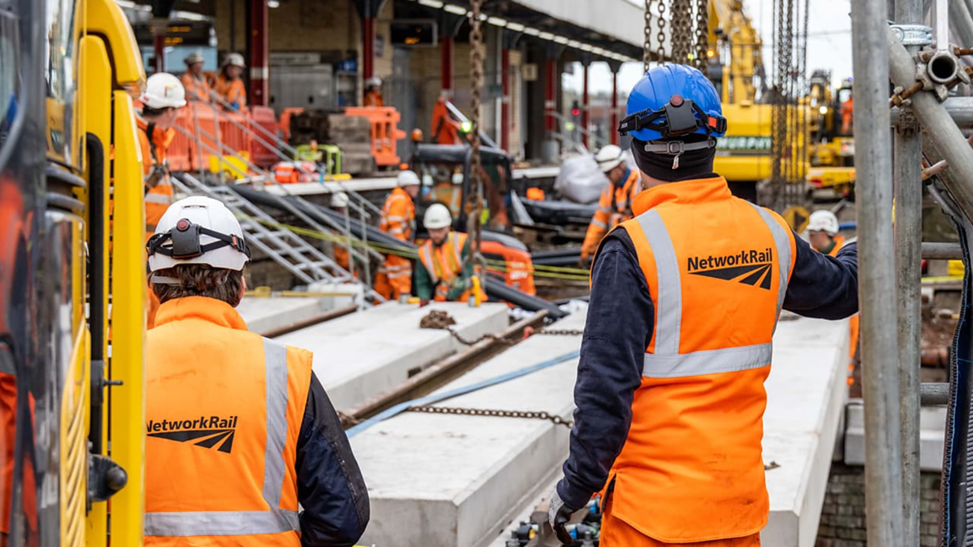 Engineers replacing bridges at Warrington Bank Quay station in May 2021