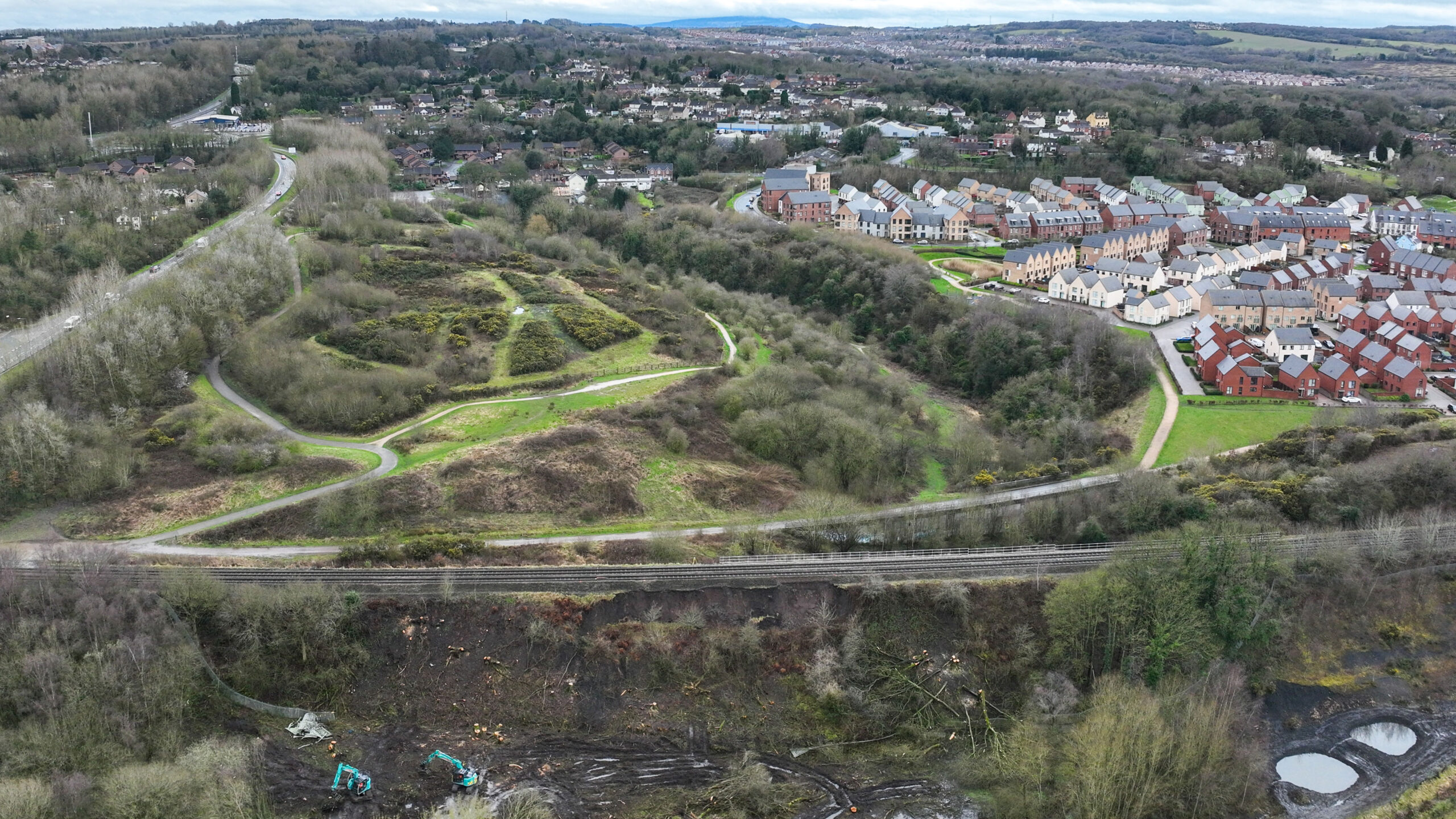 An aerial view of a landslip on the railway