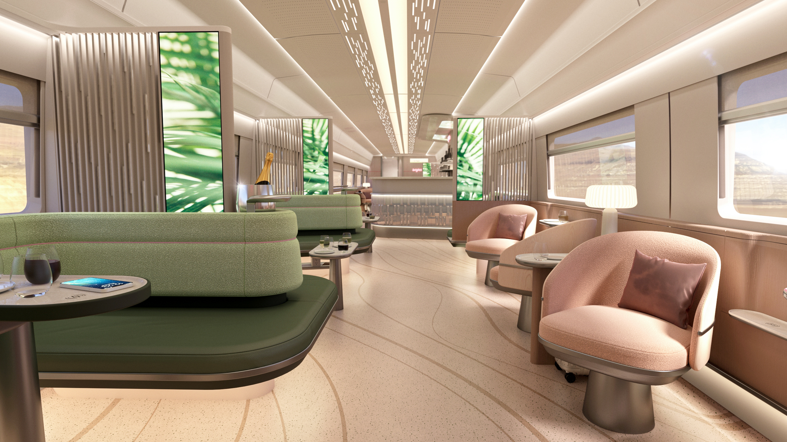 Seating in the Brightline West Party Car