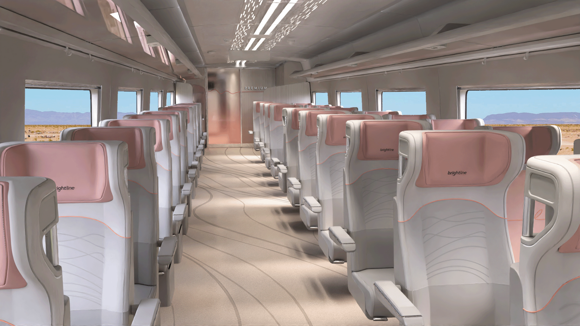 A rendering depicting seating inside the future Brightline West trains