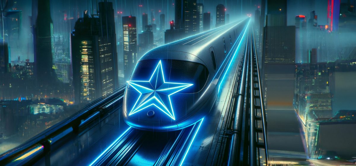Generated image of a futuristic train with neon star shape on the front