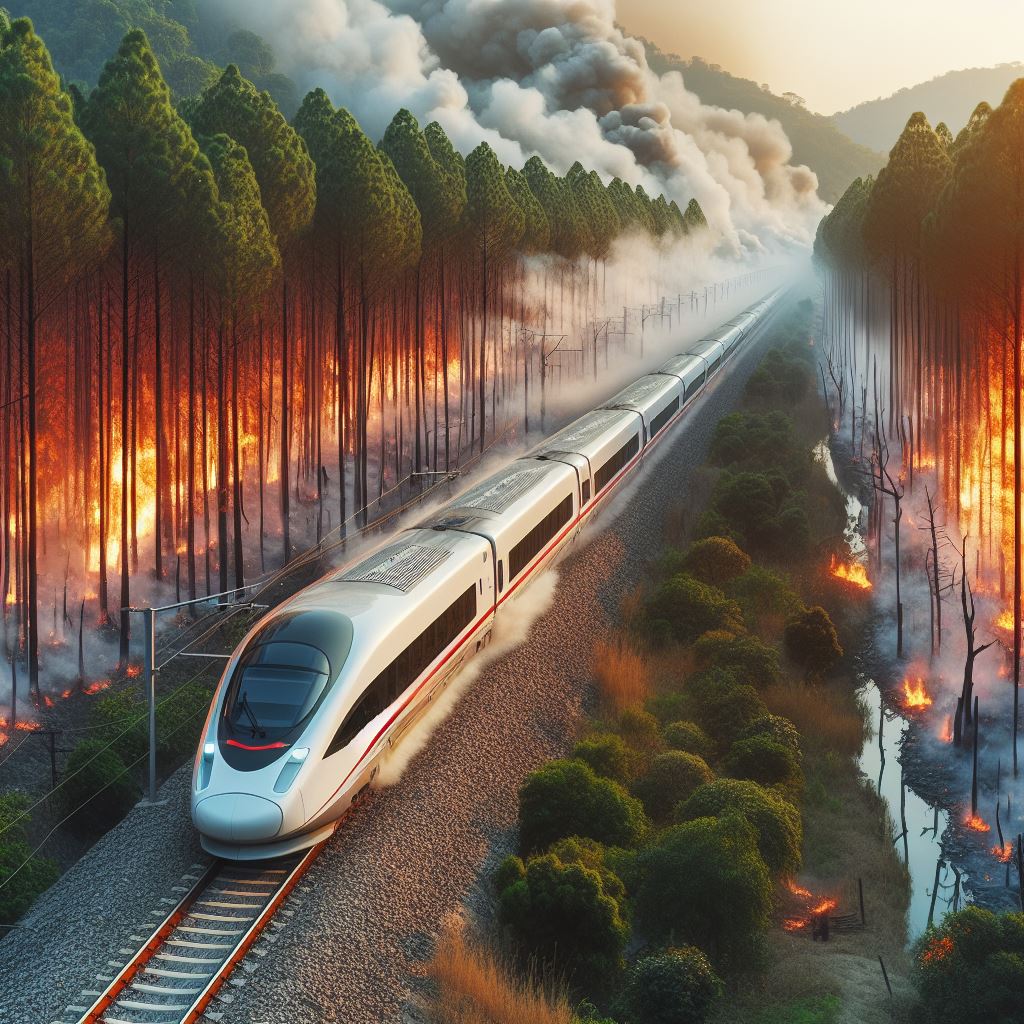 AI generated image of a train travelling through a wildfire