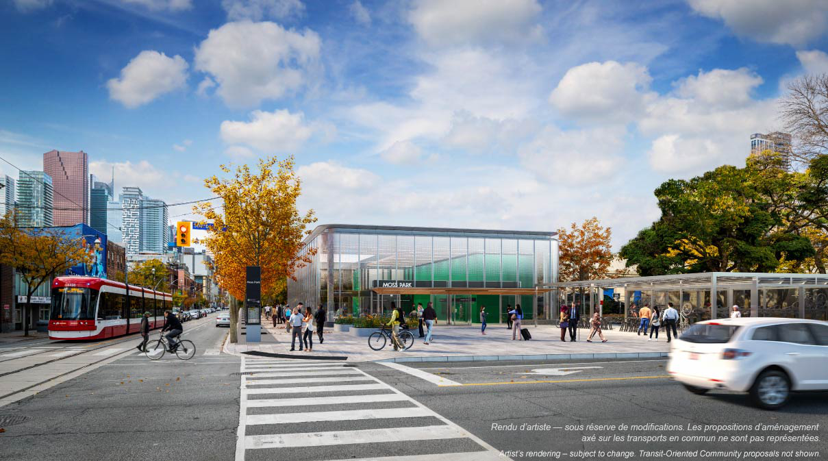 Future Ontario Line station building at Moss Park, looking west