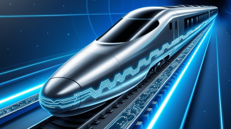 Blue colored high tech train on a track