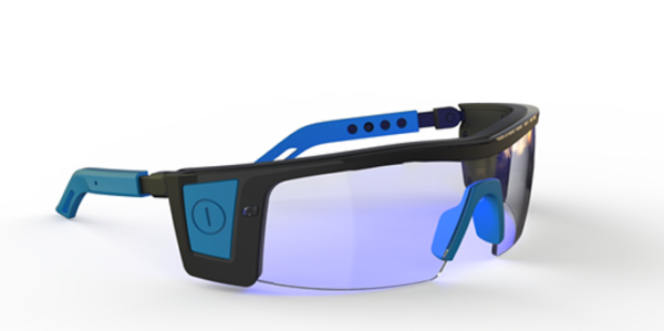 Futuristic smart glasses with a sleek black and blue frame, featuring a tinted visor, adjustable arms, and integrated technology for enhanced functionality.