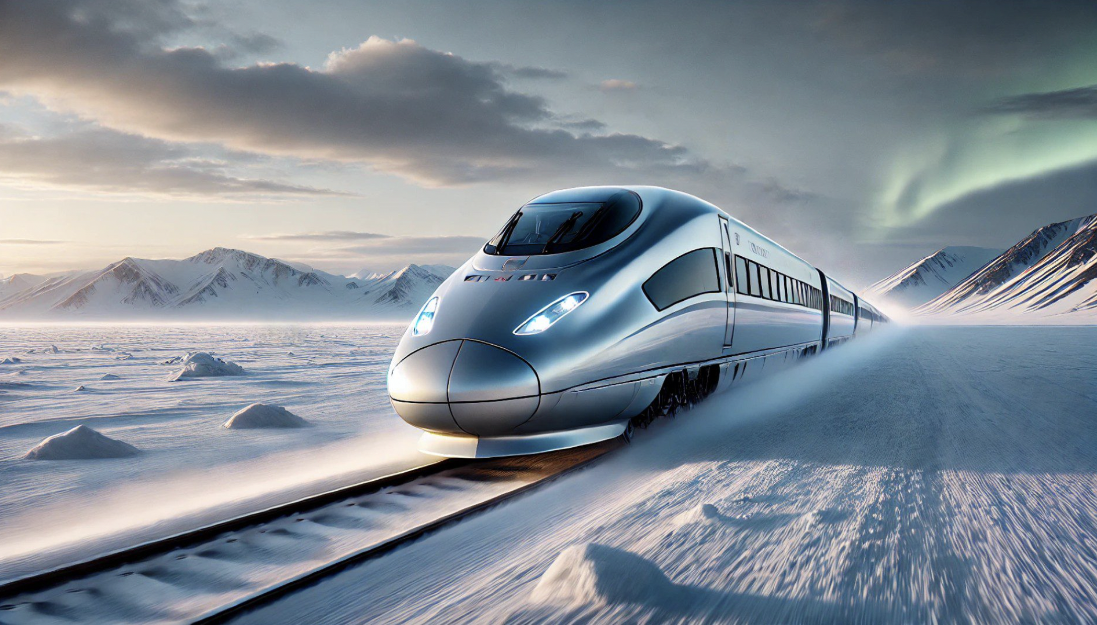 Computer generated image of a high-speed train travelling through a snowy landscape