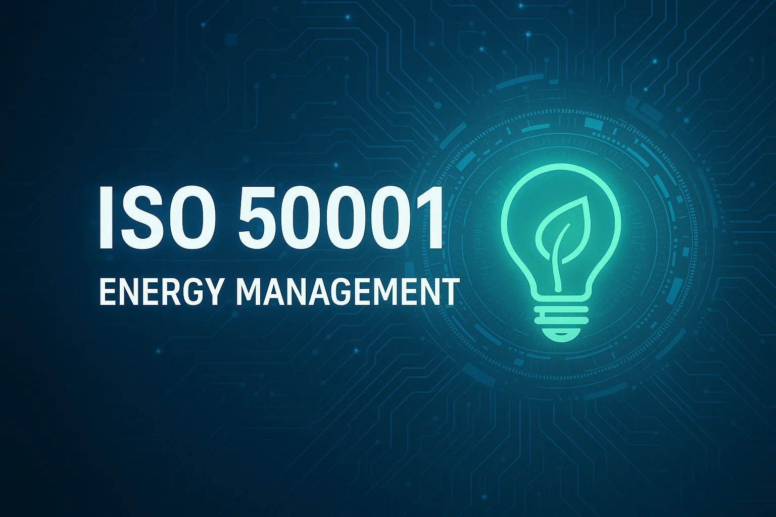 ISO 50001 Energy Management graphic with a glowing green lightbulb icon containing a leaf, set against a digital circuit background.