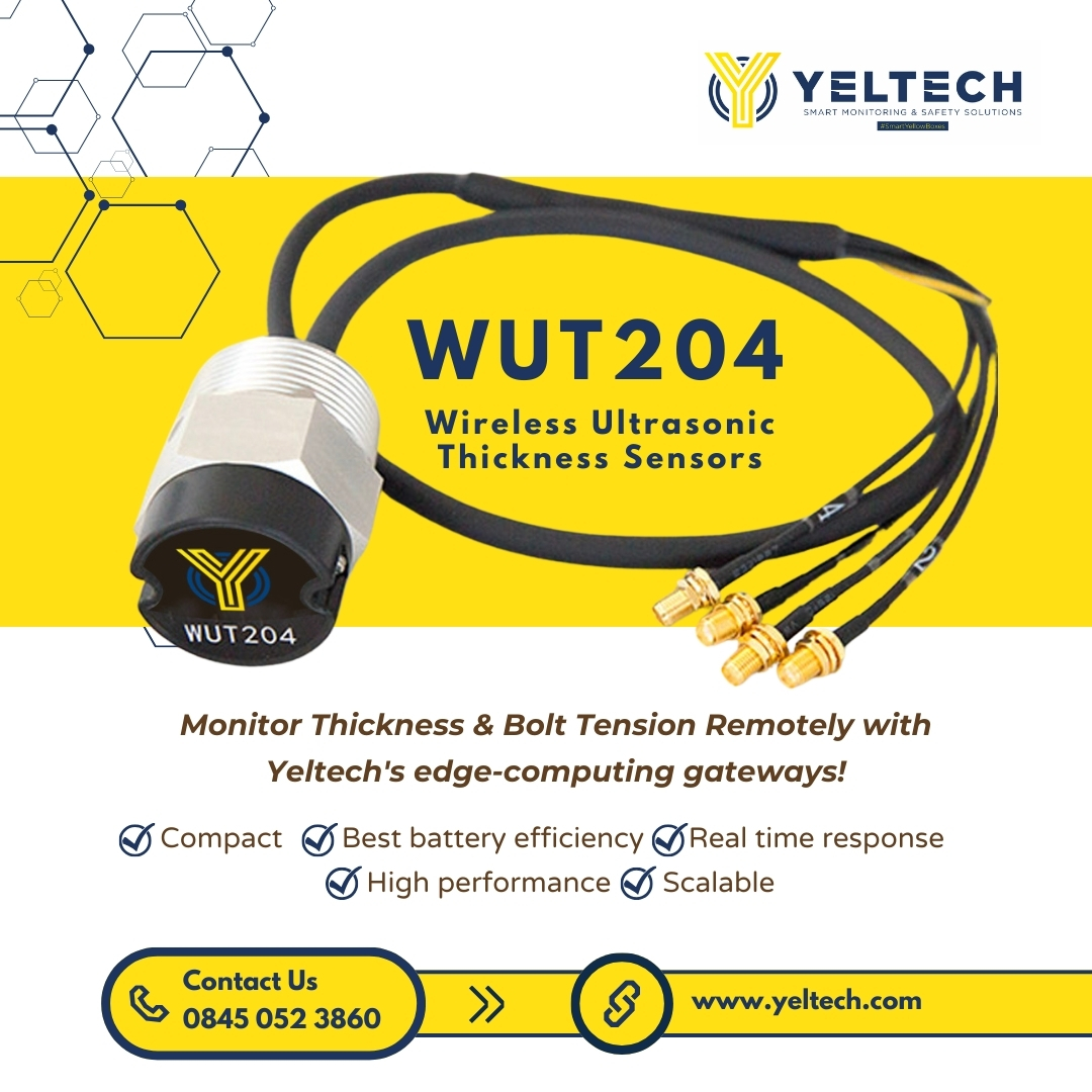 Ultrasonic thickness sensor WUT204 with Yeltech logo, featuring a metal body and four connected black cables with gold SMA connectors.