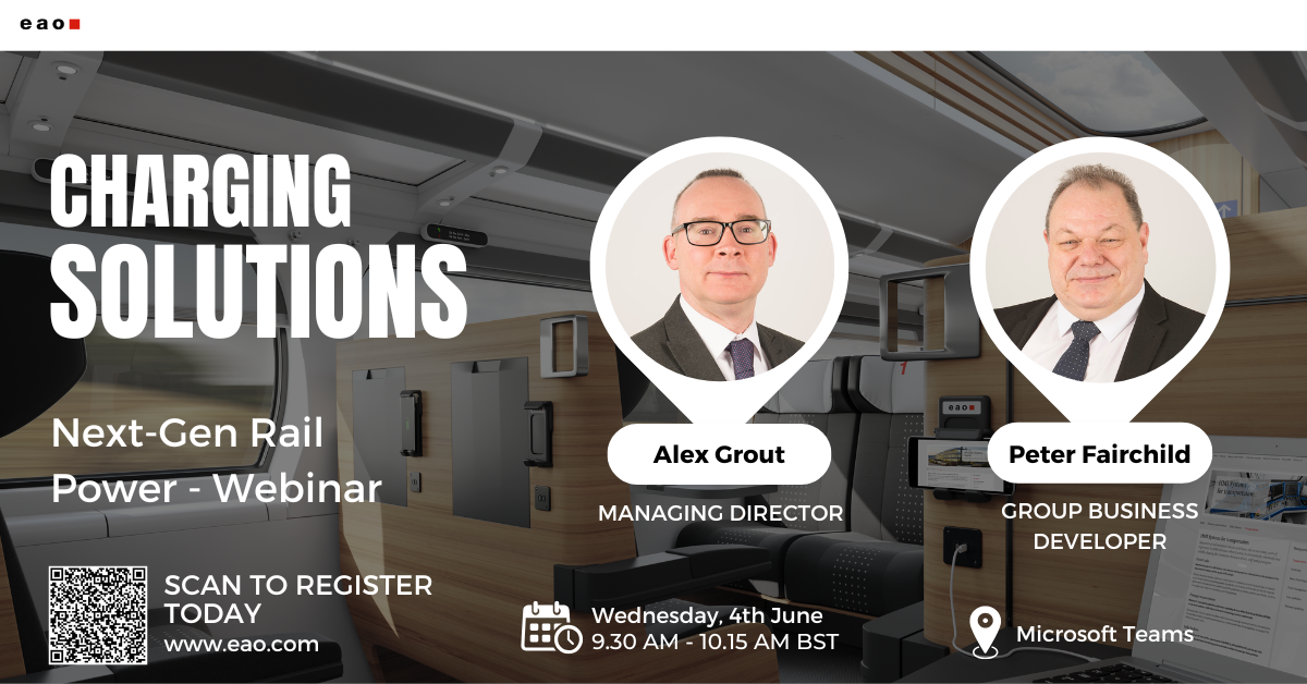 Webinar banner for "Charging Solutions – Next-Gen Rail Power" featuring speakers Alex Grout and Peter Fairchild, scheduled for 4th June via Microsoft Teams.